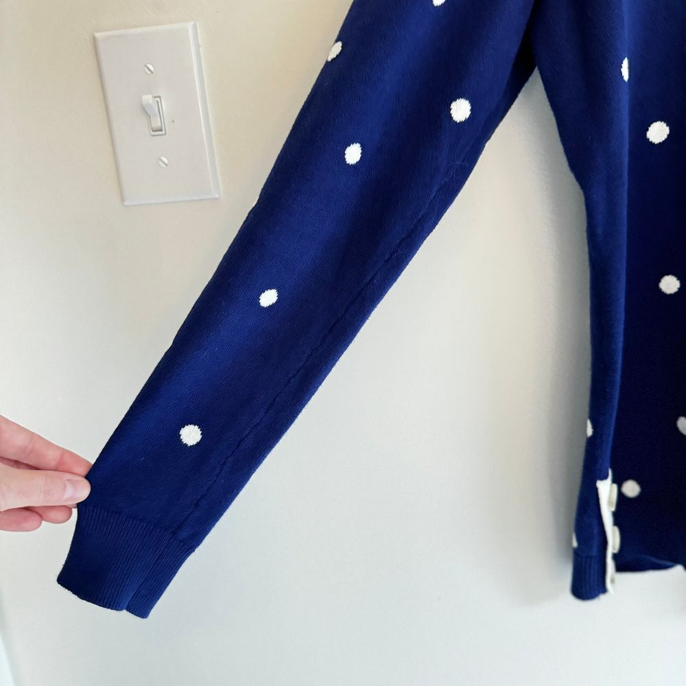 Talbots Womens Large Crew Neck Sweater Blue White Polka Dot 100% Cotton Preppy - Picture 5 of 6